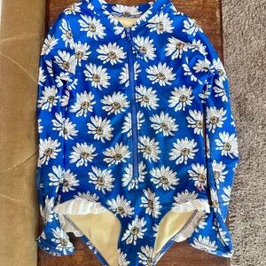 Pink Chicken Blue Daisy Rash Guard One Piece Swimsuit Girls Size 8 Long Sleeve